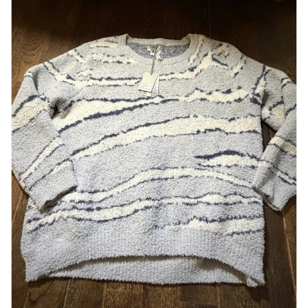 Barefoot Dreams CozyChic Sweater Women 1X Gray Cream Abstract Pullover Plush New